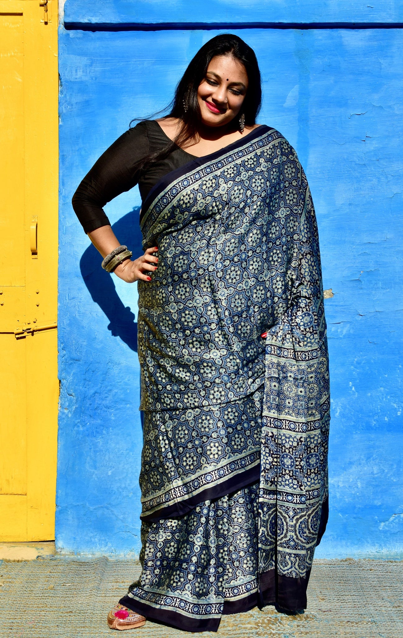 AJRAKH HANDBLOCK INDIGO MODAL SILK SAREE - Neevi by Ridhima