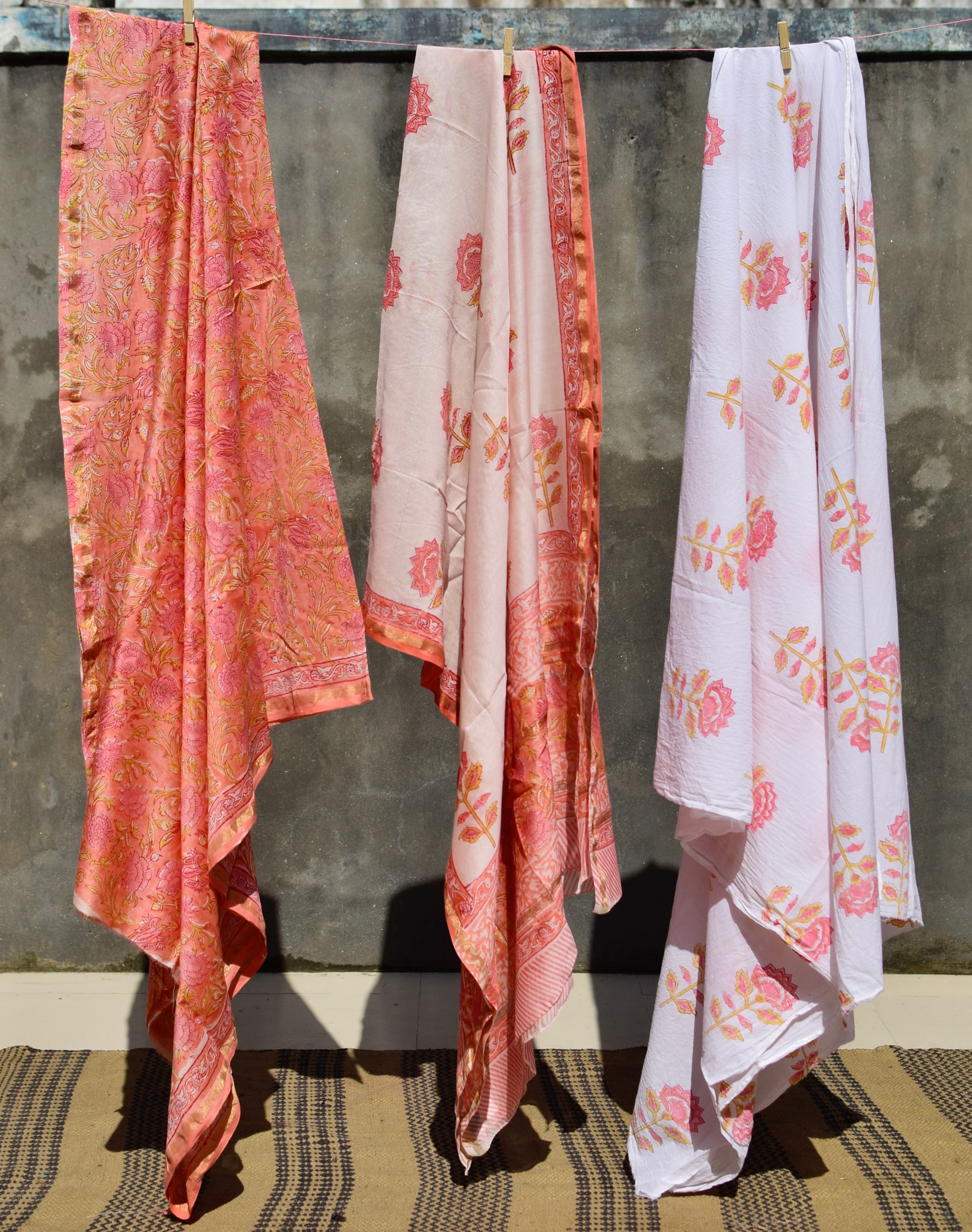 HANDBLOCK PRINTED UNSTITCHED 3 PIECE PEACH CHANDERI SUIT SET WITH CHANDERI DUPATTA - Neevi by Ridhima