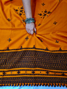 Kutch Handwoven Mirror-Work Orange-Black Woollen Shawl With Tassels - Neevi by Ridhima