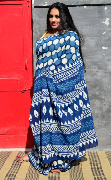 HANDBLOCK MUL COTTON INDIGO SAREE - Neevi by Ridhima