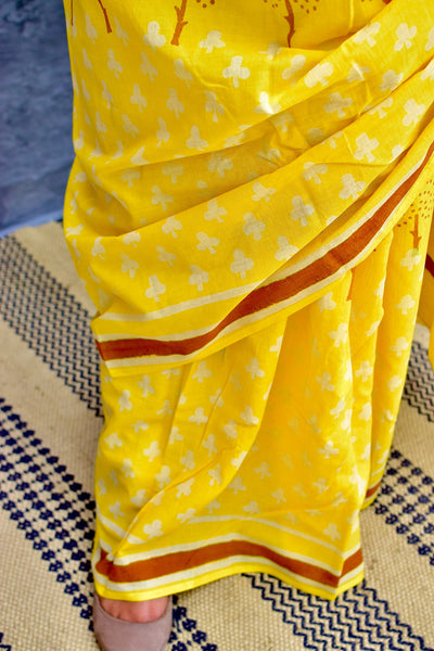 HANDBLOCK MUL COTTON YELLOW SAREE - Neevi by Ridhima