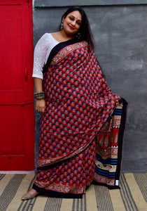 HANDBLOCK MUL COTTON RED SAREE - Neevi by Ridhima