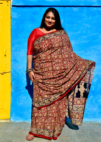 HANDBLOCK MACHILIPATNAM KALAMKARI COTTON SAREE - Neevi by Ridhima