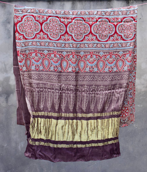 HANDBLOCK MODAL SILK AJRAKH LAGDI PATTA BROWN DUPATTA - Neevi by Ridhima