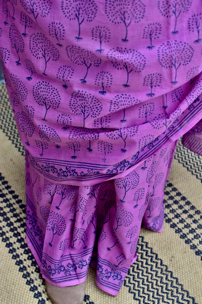 HANDBLOCK MUL COTTON PINK SAREE - Neevi by Ridhima