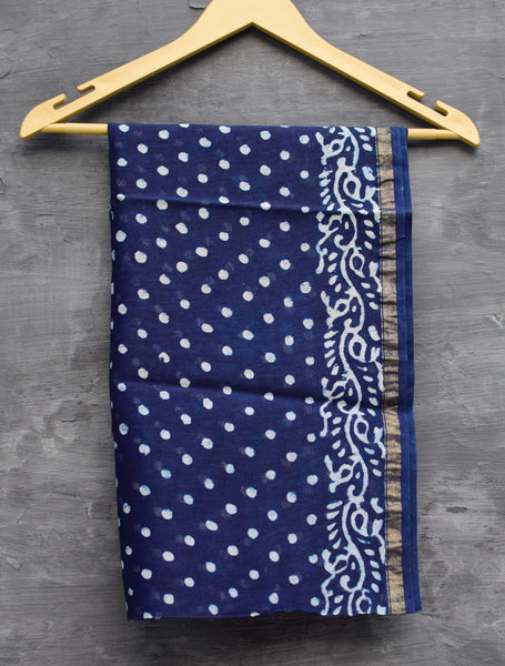 INDIGO HAND BLOCK PRINT CHANDERI COTTON SILK SAREE WITH ZARI BORDER - Neevi by Ridhima