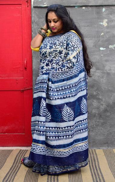 INDIGO HAND BLOCK PRINT CHANDERI COTTON SILK SAREE WITH ZARI BORDER - Neevi by Ridhima