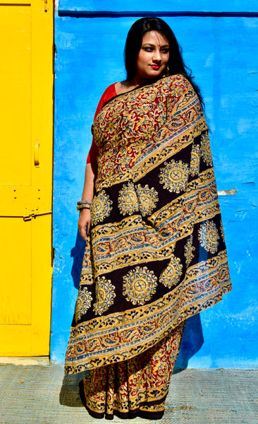 HANDBLOCK MACHILIPATNAM KALAMKARI COTTON SAREE - Neevi by Ridhima