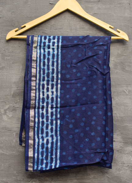 INDIGO HAND BLOCK PRINT CHANDERI COTTON SILK SAREE WITH ZARI BORDER - Neevi by Ridhima