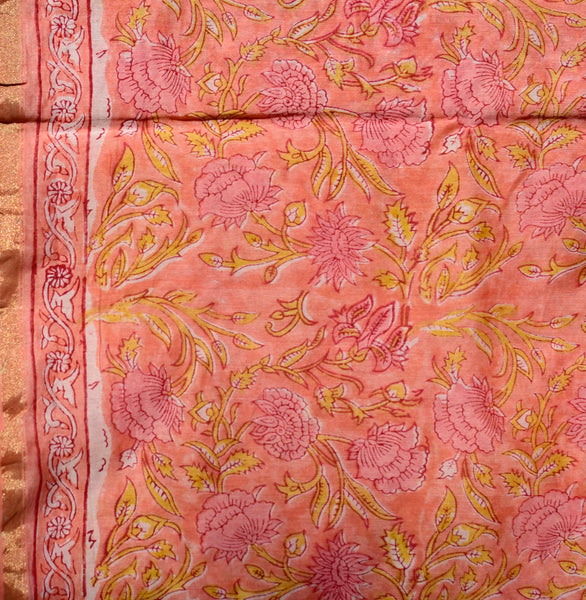 HANDBLOCK PRINTED UNSTITCHED 3 PIECE PEACH CHANDERI SUIT SET WITH CHANDERI DUPATTA - Neevi by Ridhima