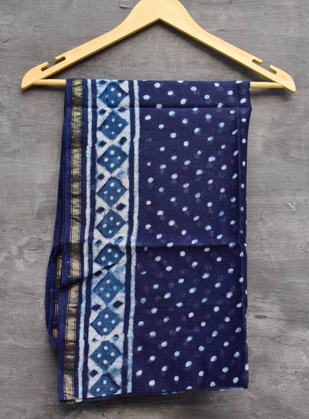 INDIGO HAND BLOCK PRINT CHANDERI COTTON SILK SAREE WITH ZARI BORDER - Neevi by Ridhima