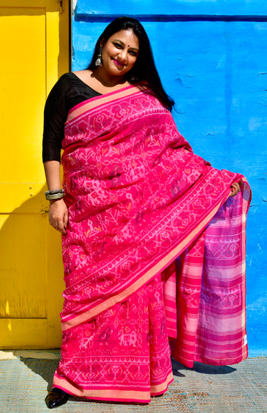 NARI KUNJAR POPAT PHOOL BHAT PINK SINGLE IKAT COTTON PATOLA SAREE - Neevi by Ridhima