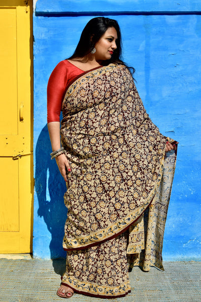 HANDBLOCK MACHILIPATNAM KALAMKARI COTTON SAREE - Neevi by Ridhima