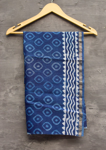 INDIGO HAND BLOCK PRINT CHANDERI COTTON SILK SAREE WITH ZARI BORDER - Neevi by Ridhima