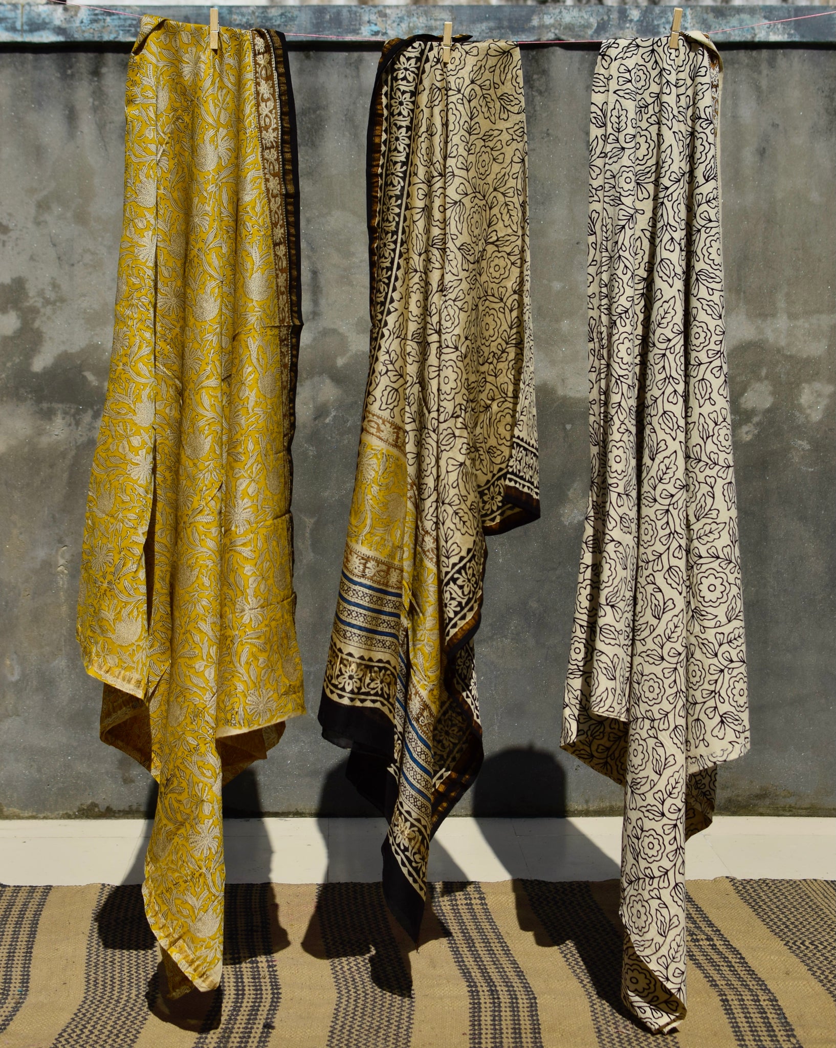 HANDBLOCK PRINTED UNSTITCHED 3 PIECE YELLOW CHANDERI SUIT SET WITH CHANDERI DUPATTA - Neevi by Ridhima