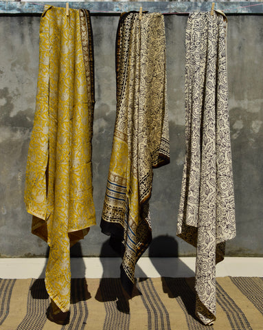 HANDBLOCK PRINTED UNSTITCHED 3 PIECE YELLOW CHANDERI SUIT SET WITH CHANDERI DUPATTA - Neevi by Ridhima