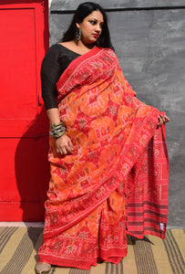 KUNJAR BHAT RASPBERRY RED-APRICOT ORANGE SINGLE IKAT COTTON PATOLA SAREE - Neevi by Ridhima