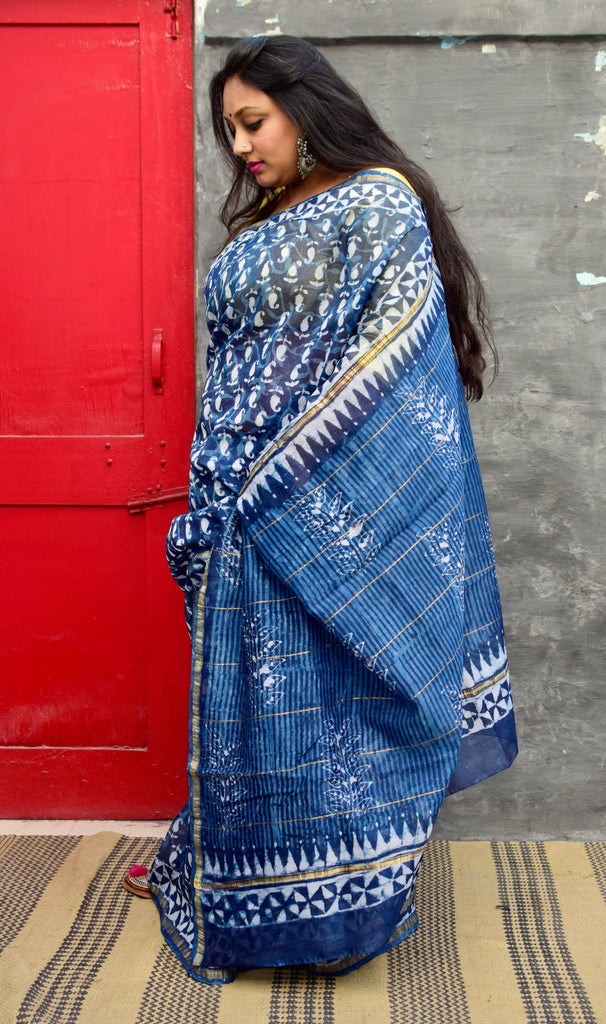 Indigo Blue Block Printed Dhoti Saree Latest 2485SR01