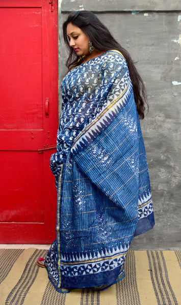 INDIGO HAND BLOCK PRINT CHANDERI COTTON SILK SAREE WITH ZARI BORDER - Neevi by Ridhima