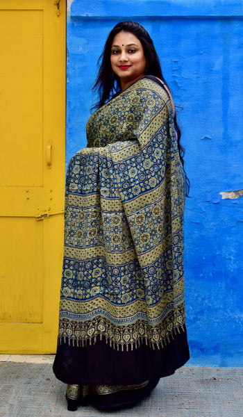 AJRAKH HANDBLOCK YELLOW-INDIGO MODAL SILK SAREE - Neevi by Ridhima