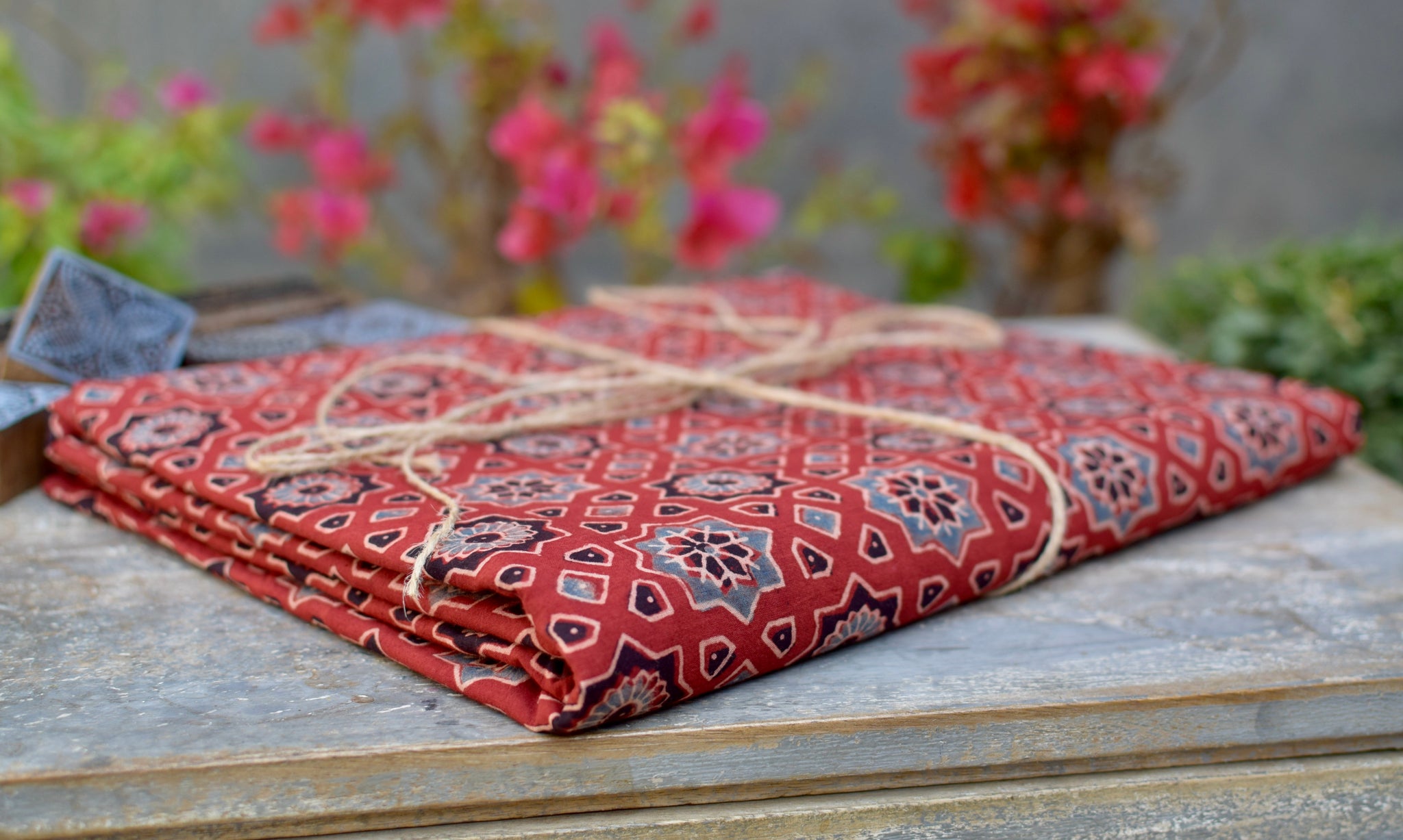 RED HANDBLOCK AJRAKH COTTON FABRIC