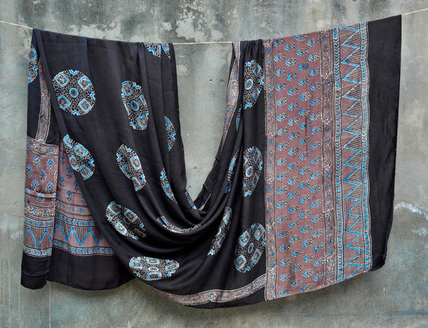 HANDBLOCK MODAL SILK AJRAKH BLACK DUPATTA