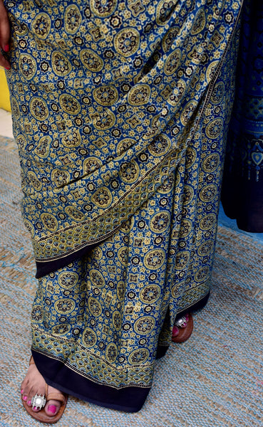 AJRAKH HANDBLOCK YELLOW-INDIGO MODAL SILK SAREE - Neevi by Ridhima