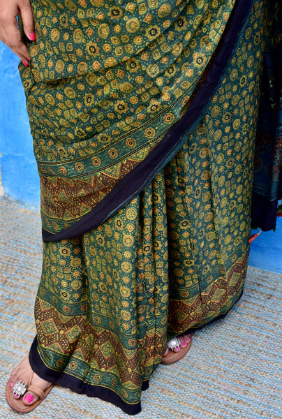 AJRAKH HANDBLOCK GREEN MODAL SILK SAREE - Neevi by Ridhima