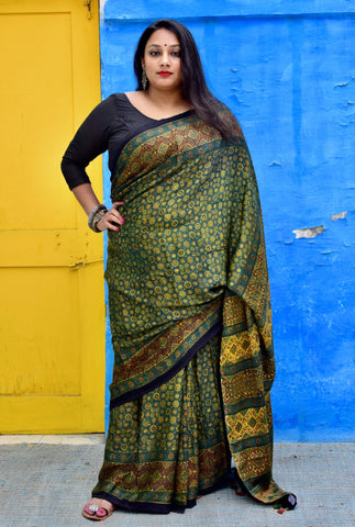 AJRAKH HANDBLOCK GREEN MODAL SILK SAREE - Neevi by Ridhima