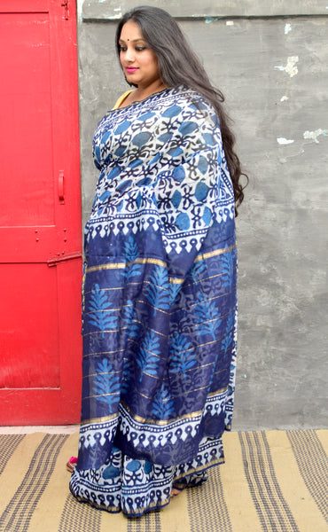 INDIGO HAND BLOCK PRINT CHANDERI COTTON SILK SAREE WITH ZARI BORDER - Neevi by Ridhima