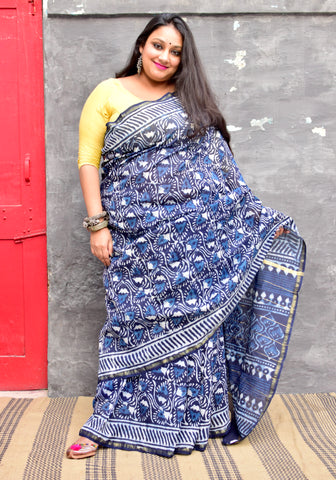 INDIGO HAND BLOCK PRINT CHANDERI COTTON SILK SAREE WITH ZARI BORDER - Neevi by Ridhima