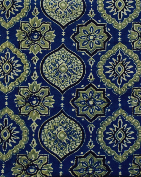 INDIGO-GREEN HANDBLOCK AJRAKH COTTON FABRIC - Neevi by Ridhima