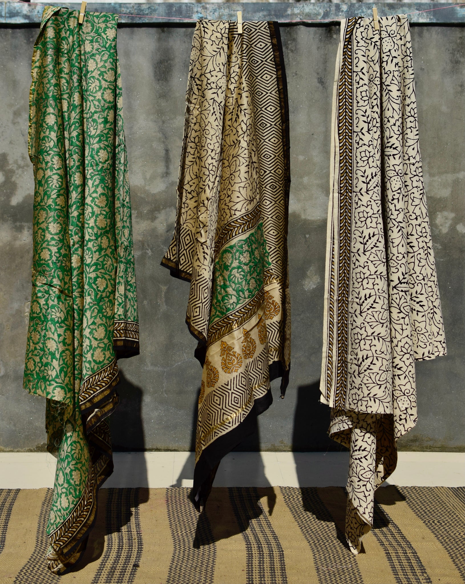 HANDBLOCK PRINTED UNSTITCHED 3 PIECE GREEN CHANDERI SUIT SET WITH CHANDERI DUPATTA - Neevi by Ridhima