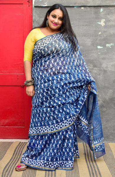 INDIGO HAND BLOCK PRINT CHANDERI COTTON SILK SAREE WITH ZARI BORDER - Neevi by Ridhima